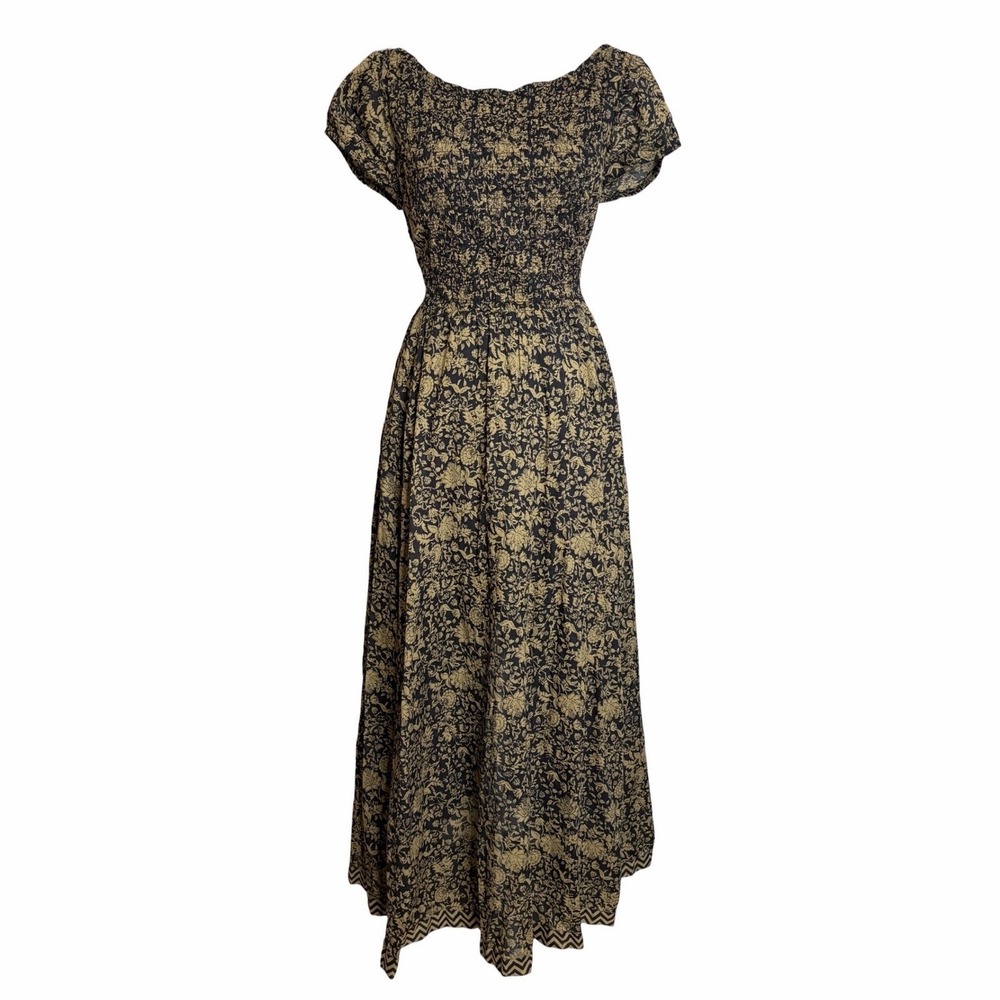 Free People Ultraviolet Maxi Dress L Black Brown Floral Smocked Boho Whimsigoth - Picture 3 of 13